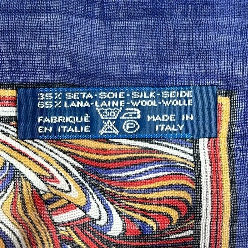 Silk Wool Large Oblong Scarf Shawl Lightweight Wrap Blue Paisley Italy